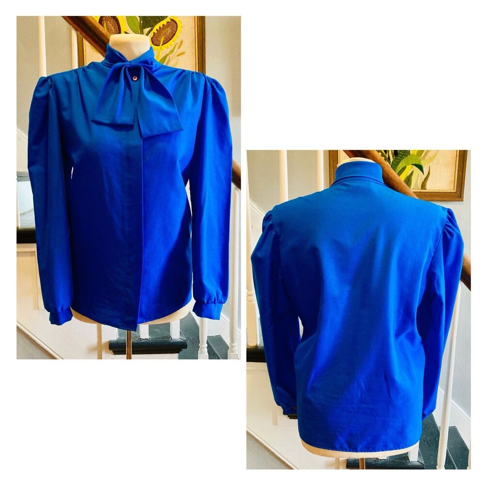 1980s True Blue Secretary Business Casual Blouse Bow 9 To 5